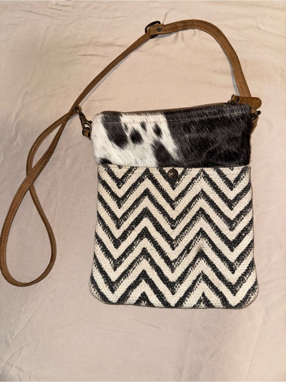 Crossbody Chevron Canvas and Cowhide Bag in Black & White